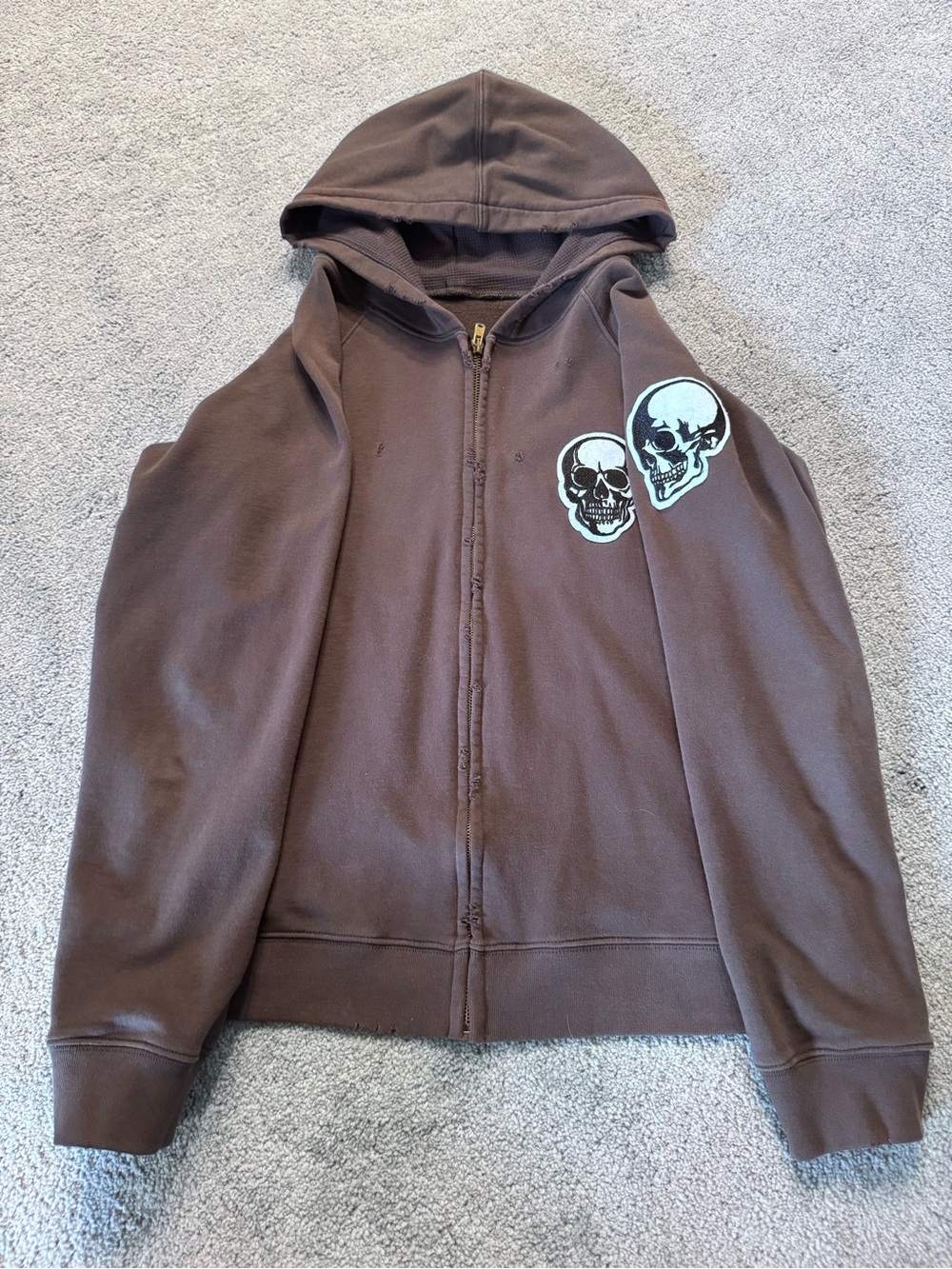 Men's Hooded Sweatshirt with Skull Patch - Brown